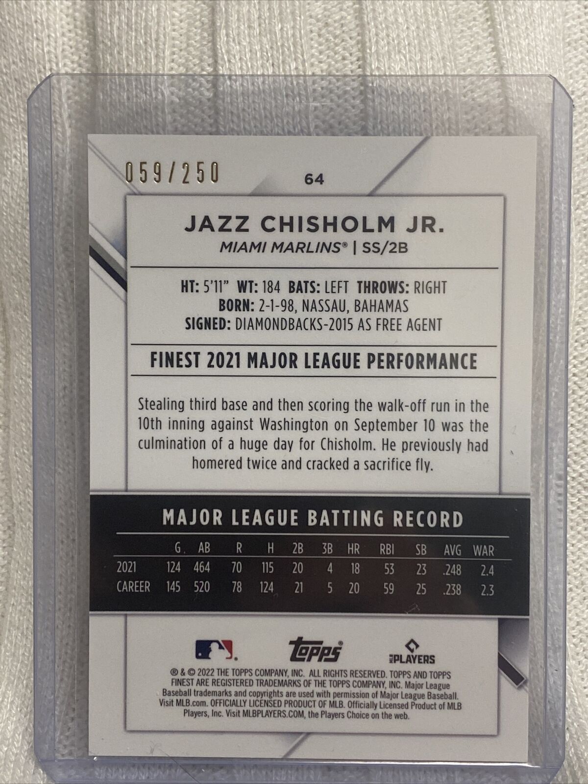 2022 Topps Finest #64 Jazz Chisholm Jr #/250 PURPLE Refractor Miami Marlins
