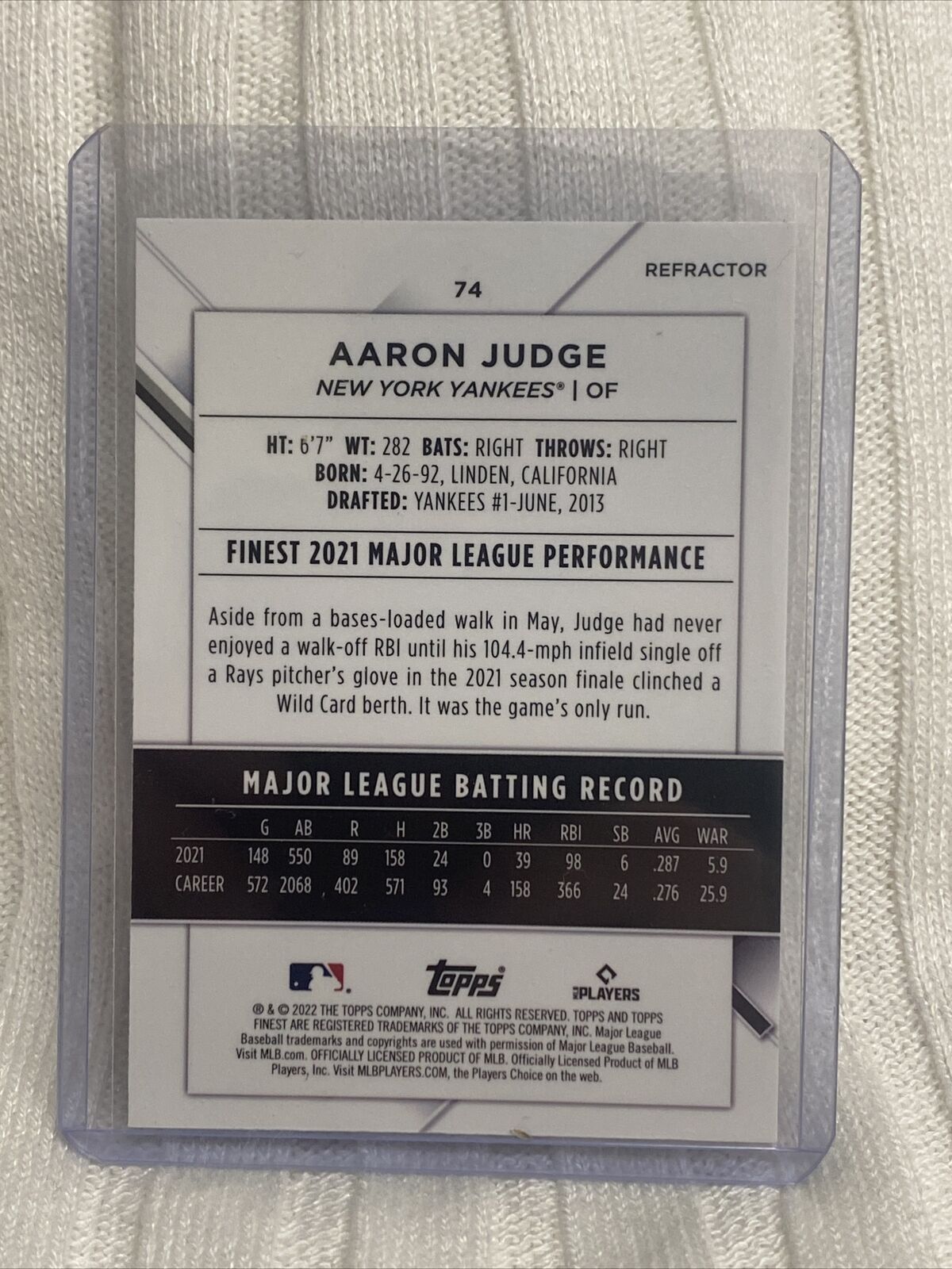 2022 Topps Finest Baseball AARON JUDGE Refractor #74