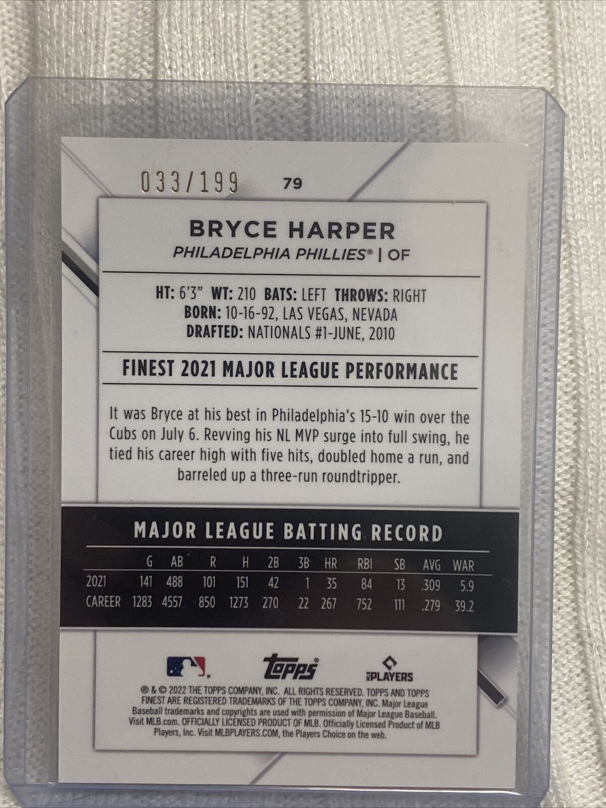 2022 Topps Finest Bryce Harper #/199 Philadelphia Phillies Aqua Refractor