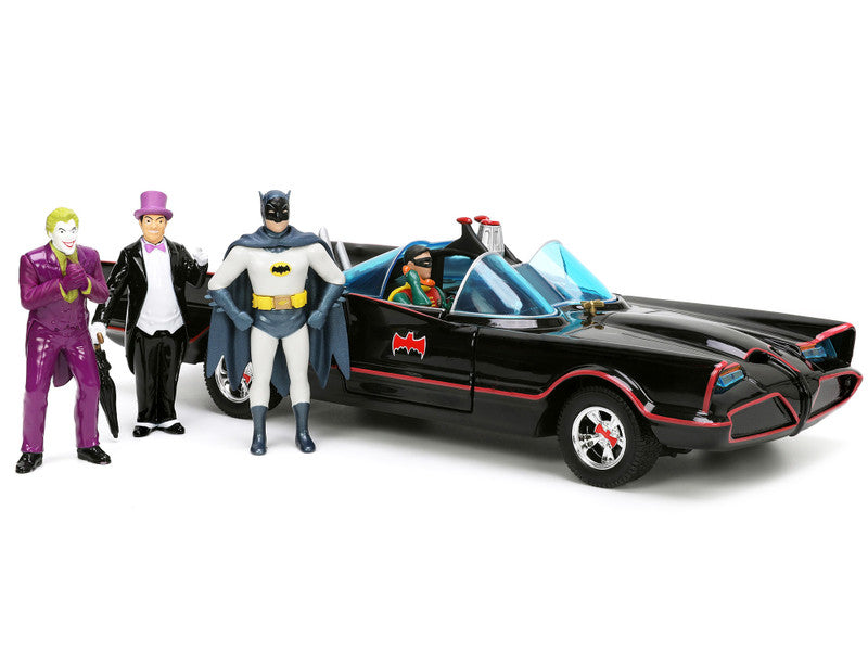 1966 Classic Batmobile with Diecast Batman The Joker The Penguin and Plastic Robin Sitting Inside The Car "Batman" TV Series (1966) "Hollywood Rides" Series 1/24 Diecast Model Car