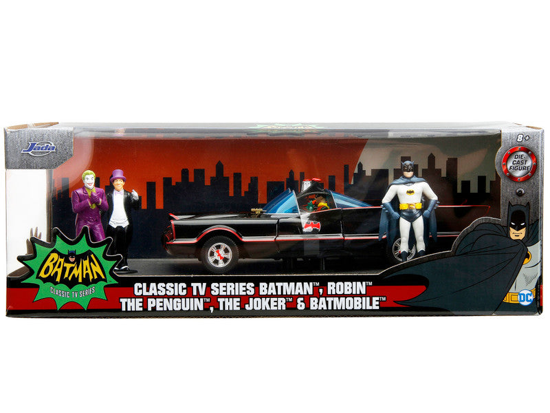 1966 Classic Batmobile with Diecast Batman The Joker The Penguin and Plastic Robin Sitting Inside The Car "Batman" TV Series (1966) "Hollywood Rides" Series 1/24 Diecast Model Car